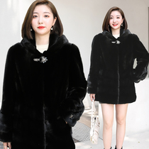  Imported mink coat womens mid-length hooded whole mink block mink Haining 2021 new thin mink fur coat