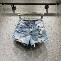 Korean high waist Korean version loose thin casual hole burr wide leg hot pants denim shorts ins womens summer
