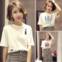 2021 summer new white short-sleeved t-shirt womens Korean loose thin letter printing embroidery pure cotton t-shirt tide