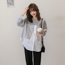  Pregnant womens sweater autumn long-sleeved jacket Korean fashion style striped stitching long-sleeved shirt loose top maternity clothes