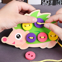 Childrens educational wooden toys kindergarten early education hedgehog skirt wear braided button rope game threading board