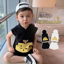 Baby childrens clothing mens and womens baby vest set 2021 new childrens hooded cartoon cotton boys shorts set tide