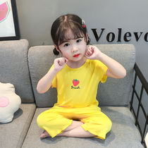Girls modal pajamas summer short-sleeved thin childrens high-waist belly protection home clothes for small and medium-sized children baby air conditioning clothes