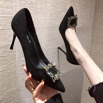 A D Hepburn super beautiful rhinestone square buckle high heel xie female 2021 New thin heel sexy pointed single xie