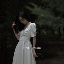 FirstDream Wedding license registration Small white dress Vintage square collar light wedding dress small dress Everyday dress