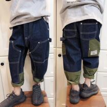Korean childrens clothing childrens spring and autumn military green retro stitching jeans boys baby elastic waist trousers
