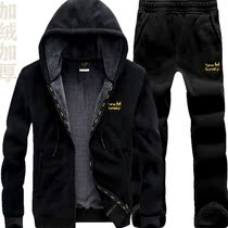 Autumn and winter plus velvet padded hooded suit mens leisure sports warm fleece outdoor sweater trousers two-piece set