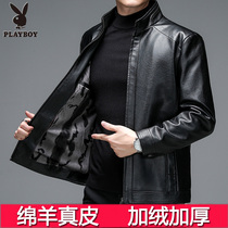 Playboy Haining leather soft leather jacket mens plus velvet thickening middle-aged and elderly father autumn and winter leather jacket men