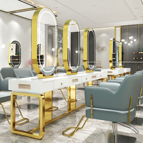  Net celebrity hair salon mirror table double-sided hair salon special solid wood hair cutting mirror simple with lamp barber shop hot dyeing table