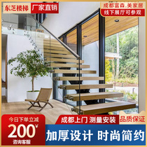 Chengdu glass stair handrail solid wood guardrail modern simple wrought iron whole finished villa duplex staircase customization