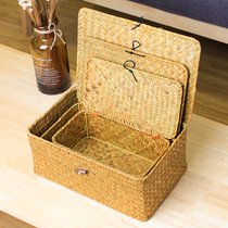 Seagrass woven basket rattan bamboo woven storage basket frame desktop snack basket storage box with lid tea packaging gift box