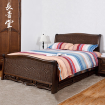  Evergreen hall rattan art bed Rattan double bed Household bedroom rattan bed 1 8 meters solid wood European-style bed 1 5 meters bed frame