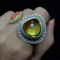  (soloni)Nepal handmade inlaid 925 silver natural lemon crystal retro ring live mouth