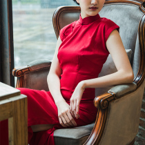 Retro dark pattern Republic of China style traditional red bride slim-fit long toast dress cheongsam daily small dress Chinese red