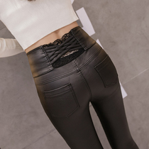 Leather leather pants womens high waist autumn and winter plus velvet 2021 New lace wear frosted thin tight pants tide