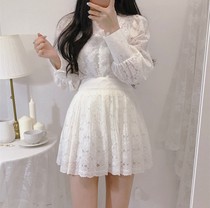 Korean chic French niche V collar crochet flower Hollow shirt top empty pattern puffy skirt skirt set