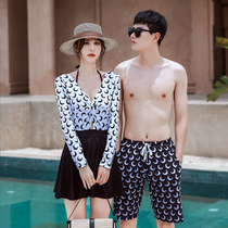 New couple swimsuit womens summer one-piece sexy long-sleeved bikini skirt thin hot spring seaside beach swimming suit