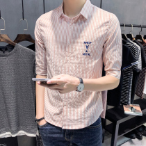 Tide brand 2021 summer short-sleeved shirt mens Korean slim fit all-match trend ins striped thin section three-point sleeve shirt