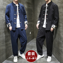 Tang costume mens youth linen suit Chinese style mens Chinese style Hanfu ancient costume retro style fashion fashion brand Slim