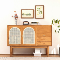 Modern simple solid wood sideboard Nordic tea cabinet rattan storage cabinet small apartment Japanese living room lockers