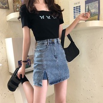 Jeans shorts womens summer 2021 new high waist thin loose wild a-word split bag hip skirt