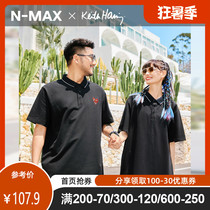 KeithHaring joint NMAX large size mens fashion brand contrast embroidery short-sleeved fat loose polo shirt