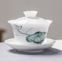 Hand-painted Sansai Gaiwan Teacup large single white jade porcelain tea making Kung Fu tea set Three fort lotus elegant