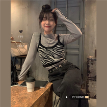 PPHOME cool SA girl group STYLE ~ Hollow Heart Machine Design long sleeve T-shirt fashionable zebra knit vest