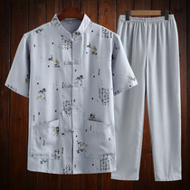 Chinese style Tang suit short-sleeved mens suit Middle-aged and elderly cotton and linen shirts Dad summer clothes Grandpa old man shirt clothes