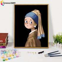 diy digital oil painting cartoon anime handmade famous painting Q version of Mona Lisa wearing pearl earrings girl stuffed painting
