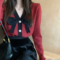 Christmas wear red sweater coat women 2021 new design bow v-neck knitted cardigan coat
