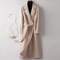 New high - end hand - sided cashmere coat female long - line black hair coat Han edition 30 % goat - velvet