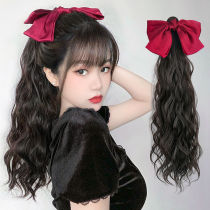 Ponytail wig female bandage bow water ripple medium long hair ponytail wool roll simulation long curly hair braid