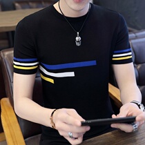 Ice silk short-sleeved t-shirt mens trend brand summer trend slim-fitting handsome young mens simple and wild round neck t-shirt dx