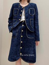 Korea EENK autumn winter small fragrant red blue plaid wool jacket jacket velvet skirt set