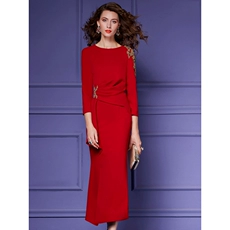 CHOROLHO 红色连衣裙高端大牌法式气质优雅高级钉珠长裙礼服女装