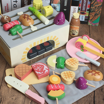 Wooden simulation barbecue Group set baby House childrens kitchen toy BBQ fruit cut birthday gift
