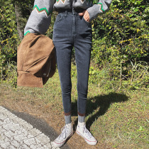 Smoky gray jeans women 2021 autumn and winter plus velvet high waist slim slim tight eight points nine feet pants tide