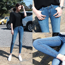 Autumn and winter plus velvet new blue Korean version of high-waisted jeans womens nine-point skinny stretch small feet pencil pants tide