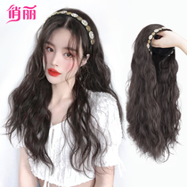Wig Female long hair u-shaped wig set summer simulation human hair Water ripple curls natural net red hair hoop full headgear