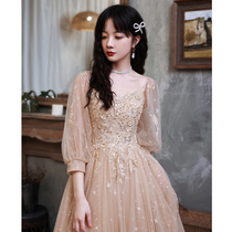 Champagne evening dress dress female temperament banquet advanced art test light luxury minority high-end annual meeting host Long model