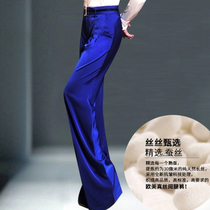 Premium custom Mulberry silk wide leg pants 2019 European and American big womens summer new blue silk straight womens pants