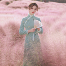 Cheongsam 2021 new autumn and winter woolen long sleeve winter plus velvet thickened winter modified winter blue dress