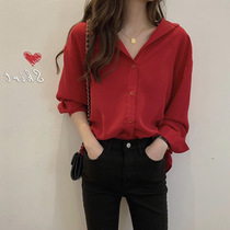 Hong Kong flavor red retro chiffon shirt women 2021 autumn French design sense niche versatile thin foreign shirt