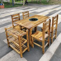 Carbon burning solid wood gas stove induction cooker long square table farmhouse hotel stone pot fish stall barbecue hot pot table and chair