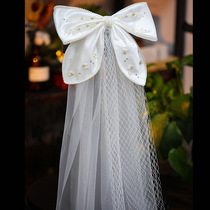 2021 new French forest retro veil bridal headdress super fairy bow pearl princess satin modeling yarn