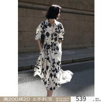  Rui Shi plant silhouette print wear more elegant lace-up waist thin summer short-sleeved long-sleeved dress female autumn