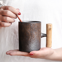 Creative vintage wooden handle mug with spoon household ceramic tea cup handmade craftwork office coffee mug Japanese style