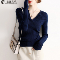 A D Hepburn wool knitted base shirt women 2021 new foreign style V collar temperament spring and autumn without hat thin