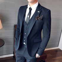 Suit suit Mens three-piece Korean slim casual formal dress Groom wedding dress British striped small suit